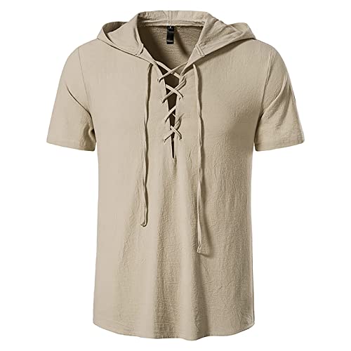 Herren Leinenhemd Yoga Shirt Mittelalter Kurzarm V Ausschnitt mit Schnürung, Leinen T Shirts Männer Vintage Fischerhemden Sommer Freizeithemd Leichte Bequem Atmungsaktives von Generic