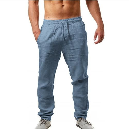 Herren Leinenhose Einfarbiges Lang Leicht Sommerhose Loose Fit Freizeithose mit Kordelzug für Urlaub Strand Alltag Leinenhose von Generic