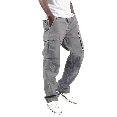 Herren Leinenhose Jogger Cargo Pants Combat, Hose Arbeitshose Elastische Taille Sporthose Freizeithose Wanderhose (Grau, 4XL) von Generic