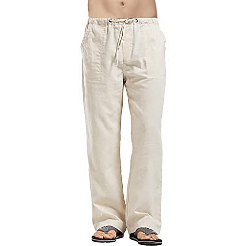 Herren Leinenhose Sommer Leicht Baggy Freizeithose Sommer Strandhose Baumwoll Leinen Jogginghose Dünner Stoff Schnell Trocknend für Zuhause Outdoor mit Taschen Elastischer Bund (Aprikose,L) von Generic