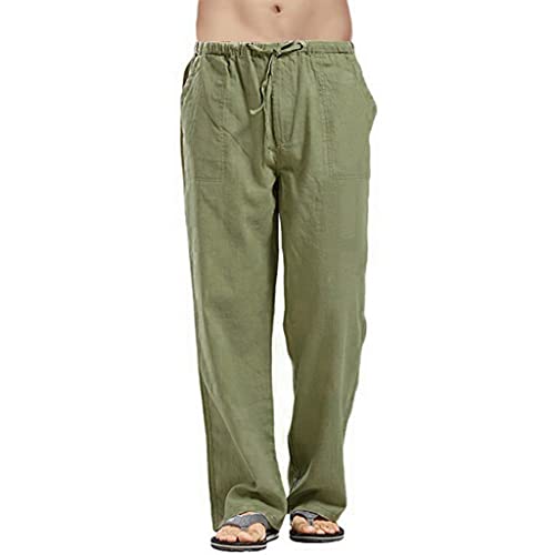 Herren Leinenhose Sommer Leicht Baggy Freizeithose Sommer Strandhose Baumwoll Leinen Jogginghose Dünner Stoff Schnell Trocknend für Zuhause Outdoor mit Taschen Elastischer Bund (Grün,L) von Generic