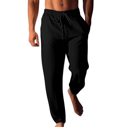 Herren Leinenhose mit Kordelzug Leicht Sommerhose Loose Fit Freizeithose Dünne Leinen Hose mit Kordelzug, Taschen Einfarbig Hose Lang für Männer Strandhose für Yoga Urlaub Alltag von Generic