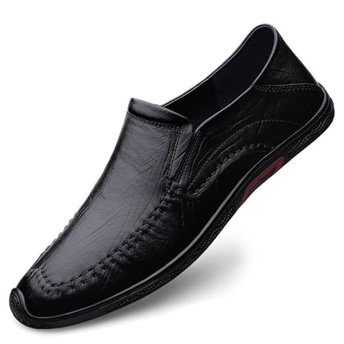 Herren-Loafer, runde Zehenpartie, Leder, manuelle Nähte, Loafer-Schuhe, flexibel, rutschfest, for Hochzeiten im Freien(Schwarz,44 EU) von Generic