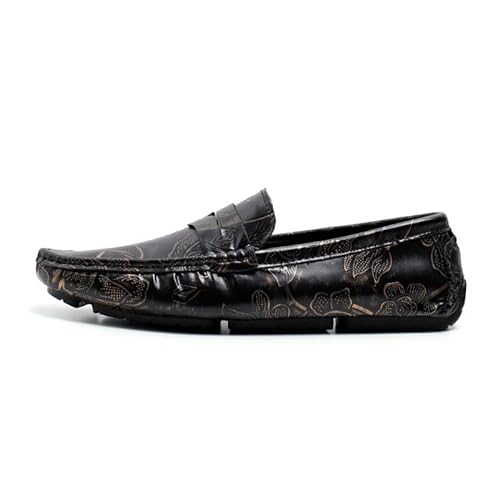 Herren-Loafer-Schuhe, quadratische Zehenpartie, Blumendruck, Nubukleder, Penny-Loafer for Fahren, rutschfest, rutschfest, leicht, modisch, lässig (Color : Black Gold, Size : 40 EU) von Generic