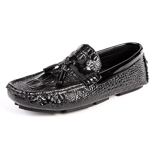 Herren-Loafer-Schuhe, runde Zehenpartie, PU-Leder, Krokodildruck, Quaste, Fahr-Loafer, Flacher Absatz, rutschfest, flexibel, for den Außenbereich (Color : Schwarz, Size : 44.5 EU) von Generic