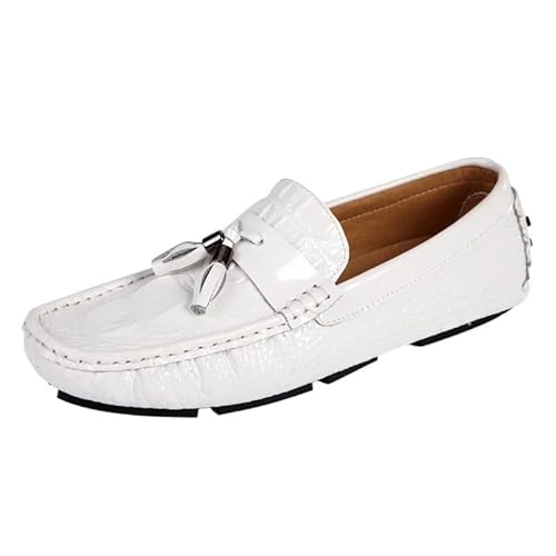 Herren-Loafer-Schuhe, runde Zehenpartie, PU-Leder, Krokodildruck, Quaste, Fahr-Loafer, Flacher Absatz, rutschfest, flexibel, for den Außenbereich (Color : Weiß, Size : 43 EU) von Generic