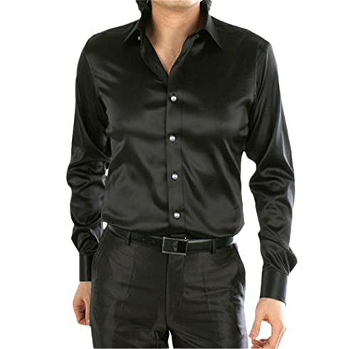 Herren Luxus Seidig Satin Kleid Hemd Slim Fit Langarm Freizeithemden Performance Bühne Tanz Party Hochzeit Kleidung, Schwarz , M Herren Luxus Seidig Satin Kleid Hemd Slim Fit Langarm Freizeithemden Performance Bühne Tanz Party Hochzeit Kleidung, Schwarz , M von Generic