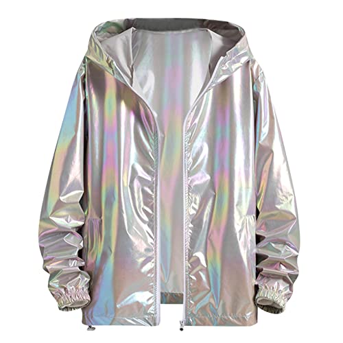 Herren Metallic Nightclub Jacke Reißverschluss Varsity Baseball Bomber Glänzend Party Dance Disco Jacken Lässig Übergangsjacke Casual Sweatjacke Leichte Windjacke Karneval Kostüm Oberteile von Generic