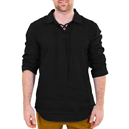 Herren Mittelalter Hemd Tunika Leinenhemd Sommer Hemden Langarm Retro Kragen mit Schnürung Männer Freizeithemd Casual Leinen Yoga Shirt Fisherman Sommerhemd Wikinger Kleidung von Generic