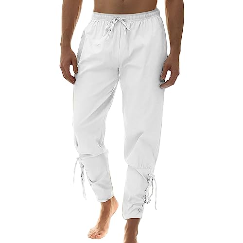 Herren Mittelalter Hose Leinenhose Retro Piraten Schnürhose Freizeithose (01 Weiß, XXL) von Generic