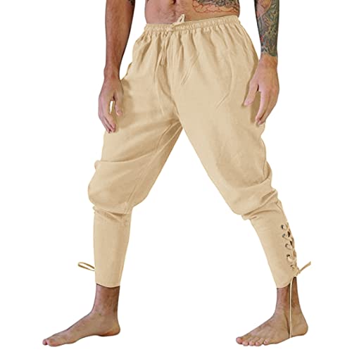 Herren Mittelalter Hose Piratenhose Cosplay Kostüm Schnürhose Wikinger Chino Hose Herren Freizeithose mit Taschen und Schnürung (XXA-Beige, XL) von Generic