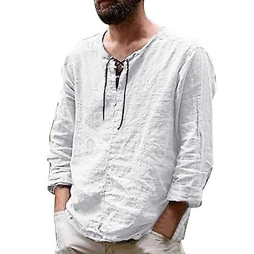 Herren Mittelalter Leinenhemd Sommer Herbst Hemden Langarm Retro-Kragen mit Schnürung, Männer Freizeithemd Casual Leinen Yoga Shirt Fisherman Sommerhemd von Generic