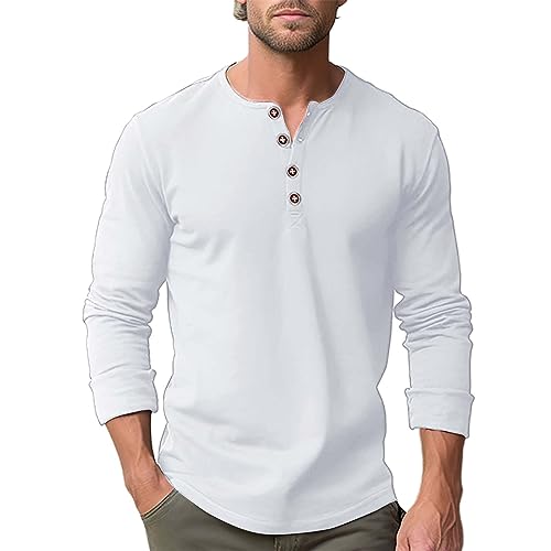 Herren Mode Frühling und Herbst Casual Langarm Knopf Einfarbig Langarm T-Shirt Top Shirt Pack für Männer, weiß, L von Generic