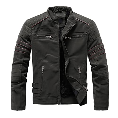 Herren-Motorradjacke – Herren Herbst und Winter Leder abrasiv Mode dünn gebürstet PU Motorradjacke Slim Mantel Lederjacke Herren Schwarz, Armee grün, XXL von Generic