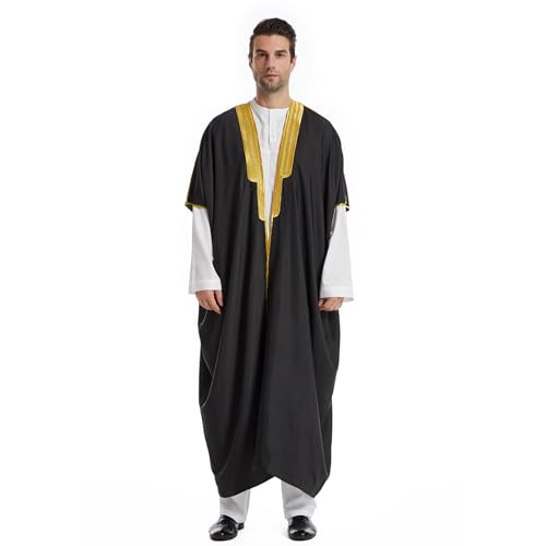 Herren Muslim Druck Kaftan Islamisch Royalty Dubai Robe O-Ausschnitt Gebetskleidung für Männer IslamLange Ärmel Retro Tuniken Abaya Lose Kandoura Black von Generic