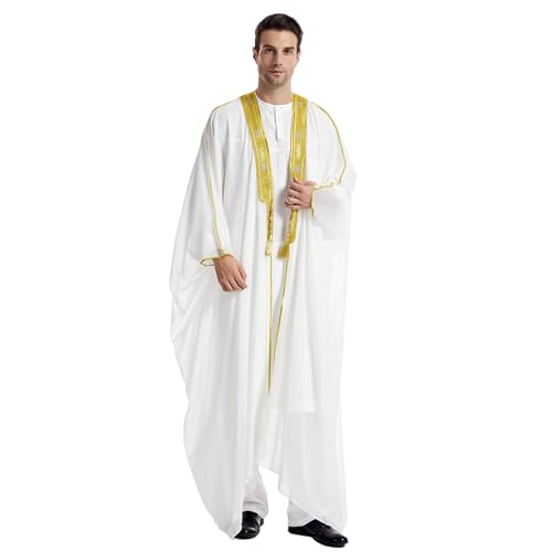 Herren Muslim Druck Kaftan Islamisch Royalty Dubai Robe O-Ausschnitt Lange Ärmel Retro Tuniken Abaya Lose Freizeithemden von Generic