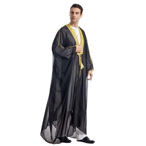 Herren Muslim Druck Kaftan Islamisch Royalty Dubai Robe O-Ausschnitt Lange Ärmel Retro Tuniken Abaya Lose Freizeithemden von Generic