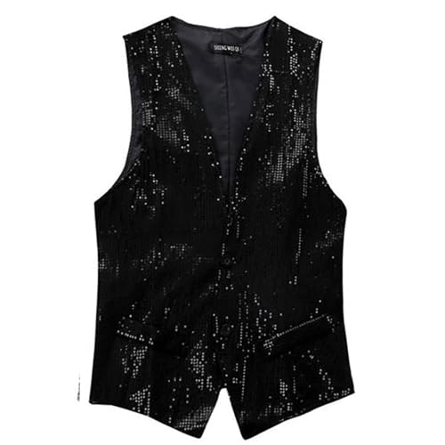 Herren Pailletten Anzug Weste, V-Ausschnitt, Ärmellos, Weste Herren Pailletten 70er Ärmellos Glitzer Weste Mantel Disco Karneval Kostüm Rave Outfit Paillettenweste Glänzend V (Black-2, XXXL) von Generic