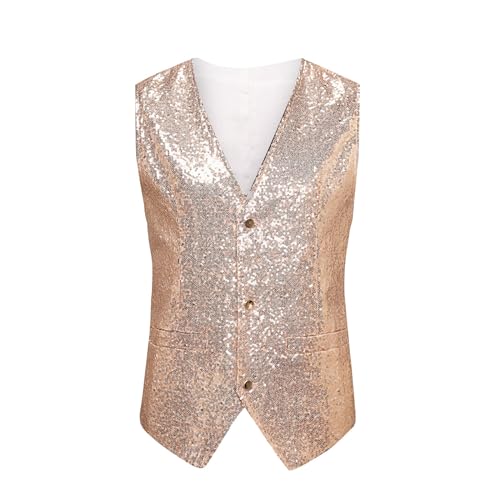 Herren Pailletten Anzug Weste, V-Ausschnitt, Ärmellos, Weste Herren Pailletten 70er Ärmellos Glitzer Weste Mantel Disco Karneval Kostüm Rave Outfit Paillettenweste Glänzend V (Rose Gold-1, L) von Generic