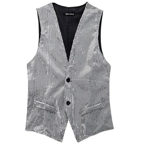 Herren Pailletten Anzug Weste, V-Ausschnitt, Ärmellos, Weste Herren Pailletten 70er Ärmellos Glitzer Weste Mantel Disco Karneval Kostüm Rave Outfit Paillettenweste Glänzend V (Silver-2, XXL) von Generic