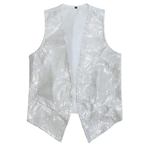 Herren Pailletten Anzug Weste, V-Ausschnitt, Ärmellos, Weste Herren Pailletten 70er Ärmellos Glitzer Weste Mantel Disco Karneval Kostüm Rave Outfit Paillettenweste Glänzend V (White-3, XXXXL) von Generic