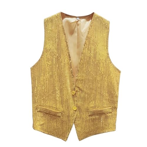 Herren Pailletten Anzug Weste, V-Ausschnitt, Ärmellos, Weste Herren Pailletten 70er Ärmellos Glitzer Weste Mantel Disco Karneval Kostüm Rave Outfit Paillettenweste Glänzend V (Yellow-3, XXL) von Generic