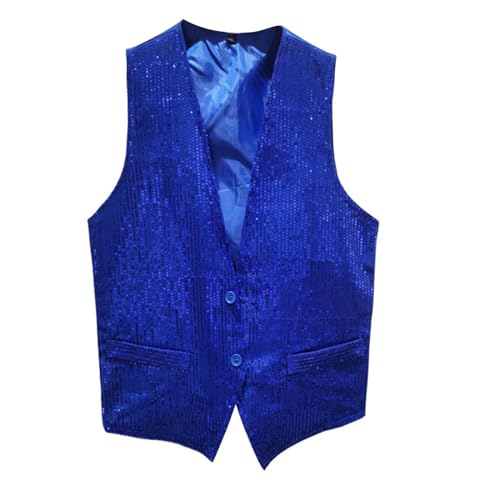 Herren Pailletten Anzug Weste, V-Ausschnitt, Ärmellos, Weste Herren Pailletten 70er Ärmellos Glitzer Weste Mantel Disco Karneval Kostüm Rave Outfit Paillettenweste Glänzend V Ausschnitt (Blue-3, XXXL) von Generic