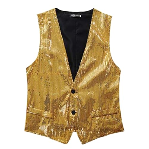 Herren Pailletten Anzug Weste, V-Ausschnitt, Ärmellos, Weste Herren Pailletten 70er Ärmellos Glitzer Weste Mantel Disco Karneval Kostüm Rave Outfit Paillettenweste Glänzend V Ausschnitt (Gold-2, L) von Generic