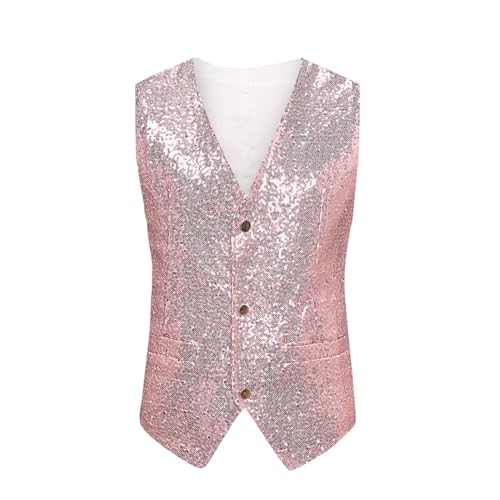 Herren Pailletten Anzug Weste, V-Ausschnitt, Ärmellos, Weste Herren Pailletten 70er Ärmellos Glitzer Weste Mantel Disco Karneval Kostüm Rave Outfit Paillettenweste Glänzend V Ausschnitt (Pink-1, XXL) von Generic