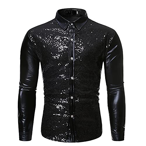 Herren Pailletten Hemd Glitzer Kleid Hemd 70er Langarm Hemd Sakko Herren-Shirt Disco Party Kostüm Herren Glänzend Slim Fit Satin Langarmhemd Business Hemd für Party Nachtclub von Generic