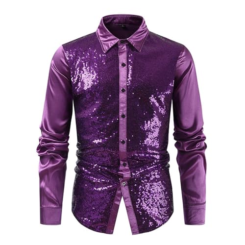 Herren Pailletten Hemd Herren Luxus Paisley Gemustert Langarmshirts Disco Hemd 70er 80er Jahre Kostüm Motto Party Hippie Silvester Karneval Fasching Gold Schwarz Business Sakko von Generic