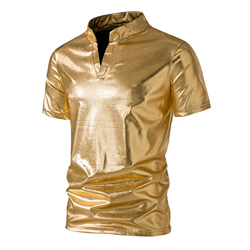 Herren Pailletten Kleid Shirt 70er Disco Party Kustüm Glitzer Lackleder Hemd Pailletten Hemden 70er Metallic Kostüm Schlank Fit Freizeit-Hemd für Party Nachtclub Disco Party Unterhemd von Generic