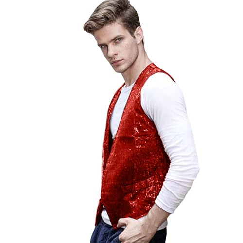 Herren Pailletten Weste Slim Fit Party Weste Glitzer Weste V-Ausschnitt Ärmellos Pailletten-Anzugweste für Hochzeit Abschlussball Events Disco Karneval und Mottoparty Kostüm Tanzkostüm von Generic