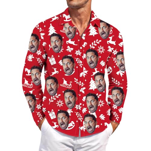 Herren Personalisiertes Weihnachtshemd - Mit Gesichtsfoto/Mütze Blumenhemd Herren Button Down Casual Langarmhemd Personalisierte Multicolour M-5Xl von Generic
