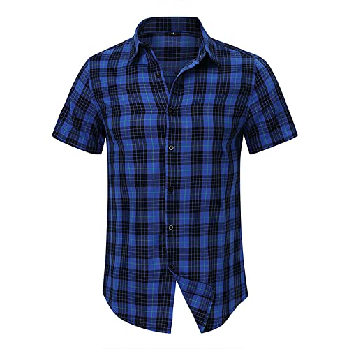 Herren Plaid Kurzarmhemd mit Kapuze Kariertes Hemd Sommer Flanellhemd Kurzarm Casual Button Down Freizeithemd Atmungsaktiv Kurzarmhemd T-Shirt Celucke(Blau,M) von Generic