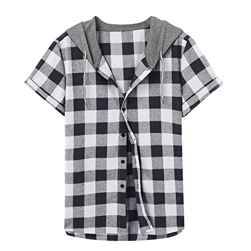 Herren Plaid Kurzarmhemd mit Kapuze Kariertes Hemd Sommer Flanellhemd Kurzarm Casual Button Down Freizeithemd Atmungsaktiv Kurzarmhemd T-Shirt Celucke(Schwarz,XL) von Generic