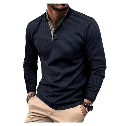 Herren Poloshirt -Waffelmuster Feste Farbe Pullover Spreiz Kragen Langarmes Klassisches Hemd von Generic