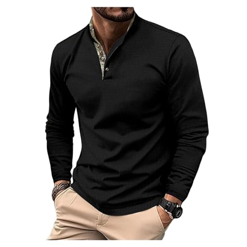 Herren Poloshirt -Waffelmuster Feste Farbe Pullover Spreiz Kragen Langarmes Klassisches Hemd von Generic