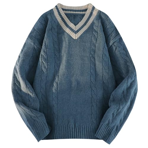 Herren Pullover V Ausschnitt Pullover Stretch Bequeme Strickpullover Herren Feinstrick Pulli Warm Sweater Regular fit Sweatshirt Vintage Basic Pulli Blau L von Generic