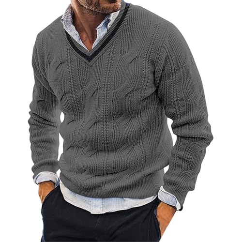 Herren Pullover V-Ausschnitt Sweatshirt Männer Zopfmuster Strickpullover Gestreift Winterpullover Slim Fit Einfarbig Grobstrick Pulli Sweater Herren Strickpullover Sweatshirt von Generic