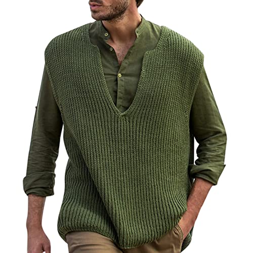 Herren Pullunder Strickweste Feinstrick Gestrickte Weste Ärmellos Cardigan Herren-Herbst- und Wintermode, lässiger Pullover, Hemd, gestrickter Wollmantel, Pullover, Weste Rot Strickjacke (Green, XXL) von Generic