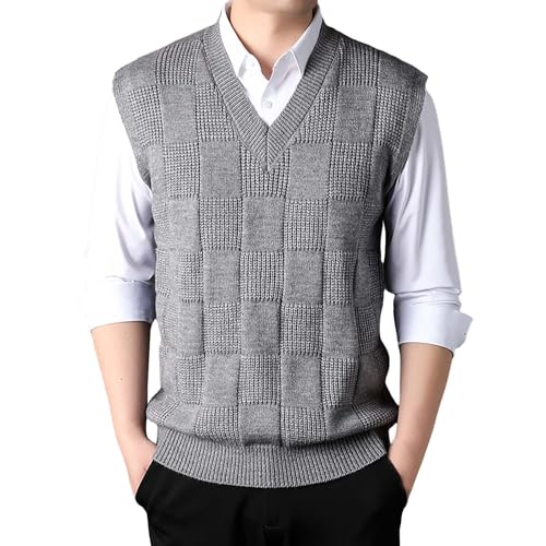 Herren Pullunder V-Ausschnitt Kariert Slim Fit Strickweste Winter Warm Business Pullover Herren Schwarz Wollweste Business Ärmellose Strickpullover Freizeit Pullover Weste(A2-Grey,L) von Generic