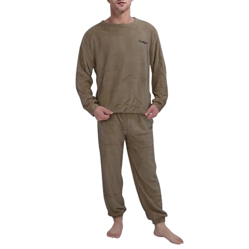 Herren Pyjama Winter Lang Warm Flanell Schlafanzug Lounge-Set Oberteil und Hose Baumwolle Schlafanzüge Langarm T-Shirt Pyjamahose mit Tasche Zweiteiliger Rundhals Set Nachtwäsche Kuschelig Hausanzug von Generic