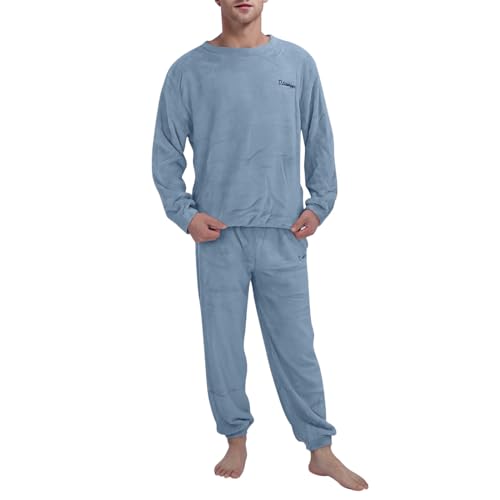 Herren Pyjama Winter Lang Warm Flanell Schlafanzug Lounge-Set Oberteil und Hose Baumwolle Schlafanzüge Langarm T-Shirt Pyjamahose mit Tasche Zweiteiliger Rundhals Set Nachtwäsche Kuschelig Hausanzug von Generic