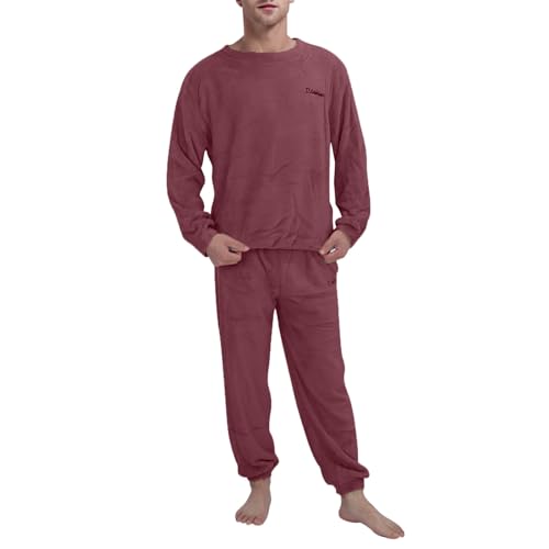 Herren Pyjama Winter Lang Warm Flanell Schlafanzug Lounge-Set Oberteil und Hose Baumwolle Schlafanzüge Langarm T-Shirt Pyjamahose mit Tasche Zweiteiliger Rundhals Set Nachtwäsche Kuschelig Hausanzug von Generic