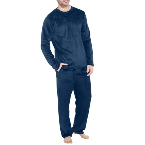 Herren Pyjama Winter Lang Warm Flanell Schlafanzug Lounge-Set Oberteil und Hose Baumwolle Schlafanzüge Langarm T-Shirt Pyjamahose mit Tasche Zweiteiliger Rundhals Set Nachtwäsche Kuschelig Hausanzug von Generic