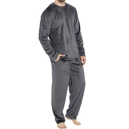 Herren Pyjama Winter Lang Warm Flanell Schlafanzug Lounge-Set Oberteil und Hose Baumwolle Schlafanzüge Langarm T-Shirt Pyjamahose mit Tasche Zweiteiliger Rundhals Set Nachtwäsche Kuschelig Hausanzug von Generic