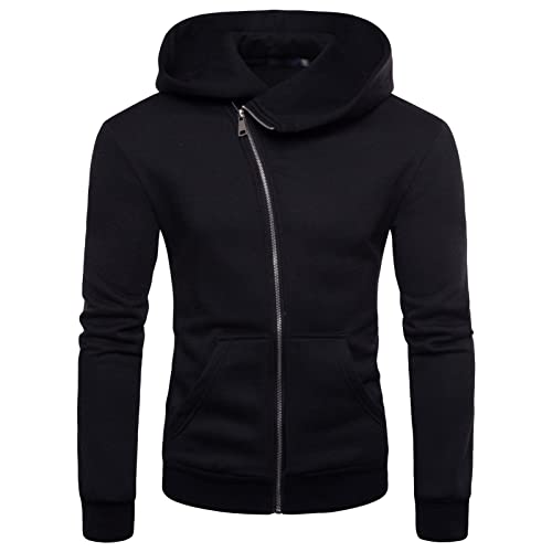 Herren Regular Fit Diagonal Zipper Cardigan Pullover Kängurutaschen Turndown Kragen Pullover Bequemes Langarm Top (Schwarz,XXL) von Generic
