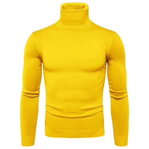Herren Rollkragen Pullover Langarmshirt Feinstrick Sweater Rollkragen Freizeit Slim fit Basic Männer Pullover Warme Basic Feinstrick Rollkragenpullover (Gelb, L) von Generic
