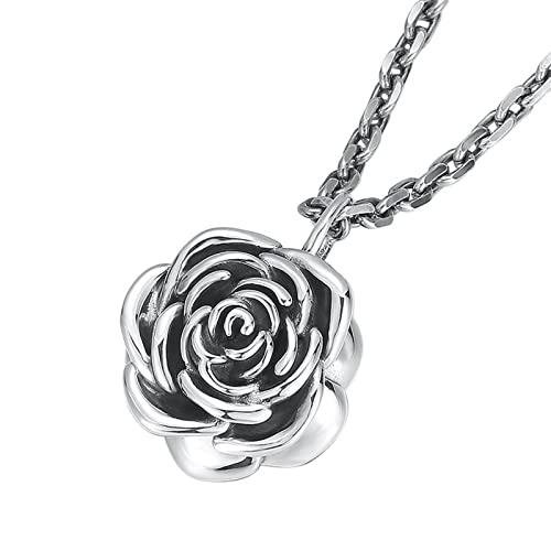 Herren-Rosenanhänger, Gothic Vintage Fashion Rose S925 Sterling Silber Anhänger Halskette, Silber, Anhänger + Kette 70 cm von Generic